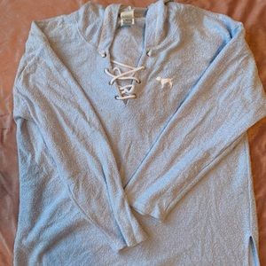 PINK Victoria's Secret Light Blue Lace-Up Hoodie Top
